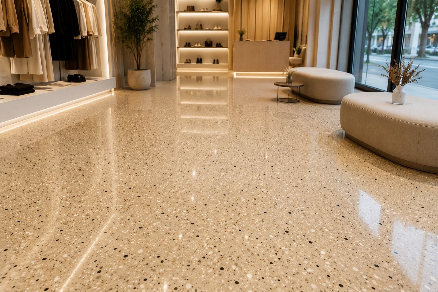 Cream flake epoxy floor with charcoal flakes in a clothing boutique, polished to a gloss under the display lighting