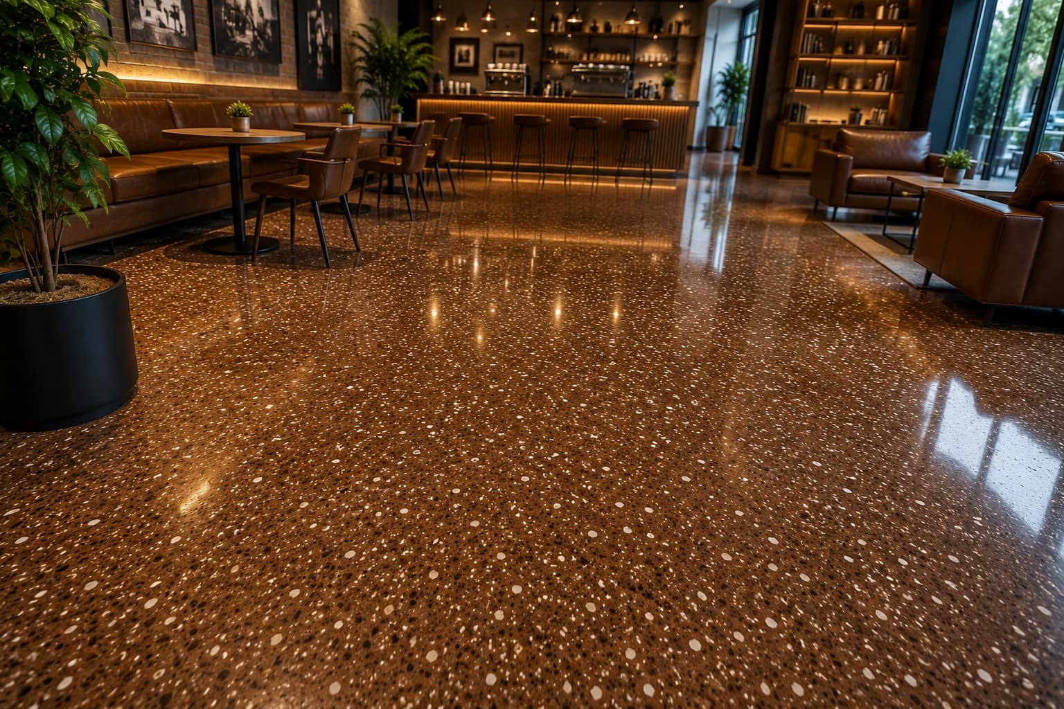 Copper-brown flake epoxy floor in a café, reflecting the pendant lights above the coffee counter