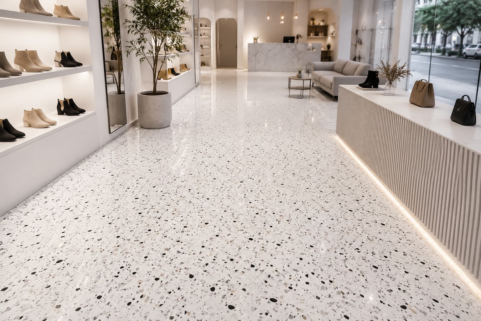 White flake epoxy floor with black and grey flakes in a bright shoe boutique, running up to the marble counter