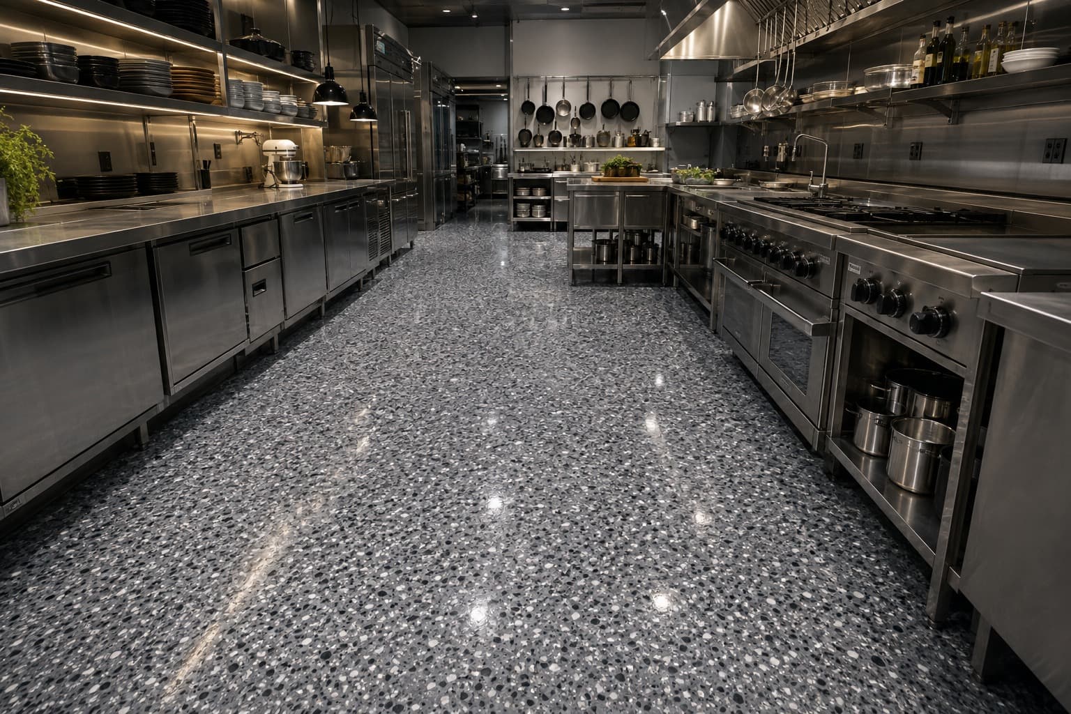Grey flake epoxy floor in a stainless steel commercial kitchen, laid seamlessly between the ranges and prep benches