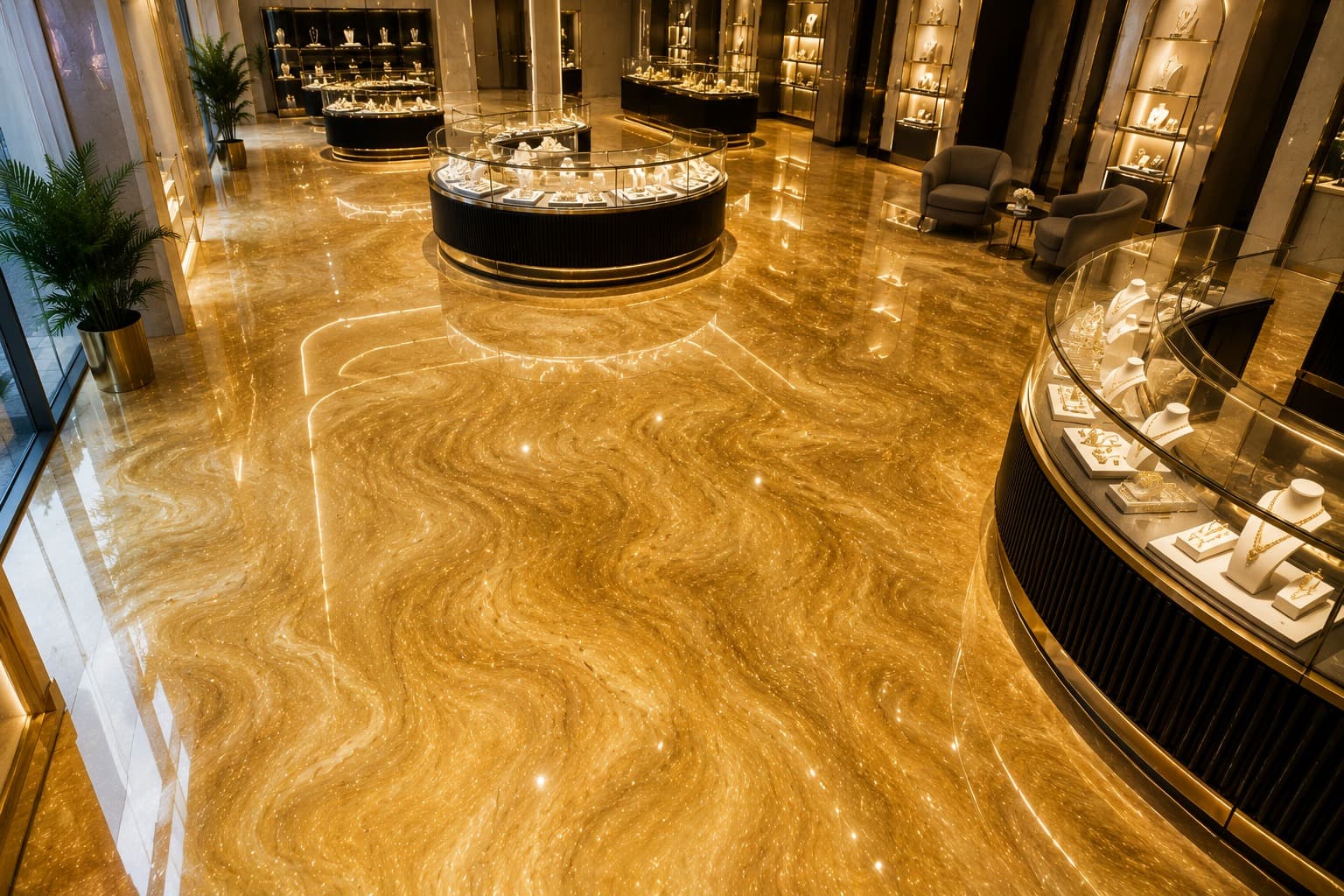 Gold metallic epoxy floor in a jewellery showroom, its swirls reflecting the lit display cases
