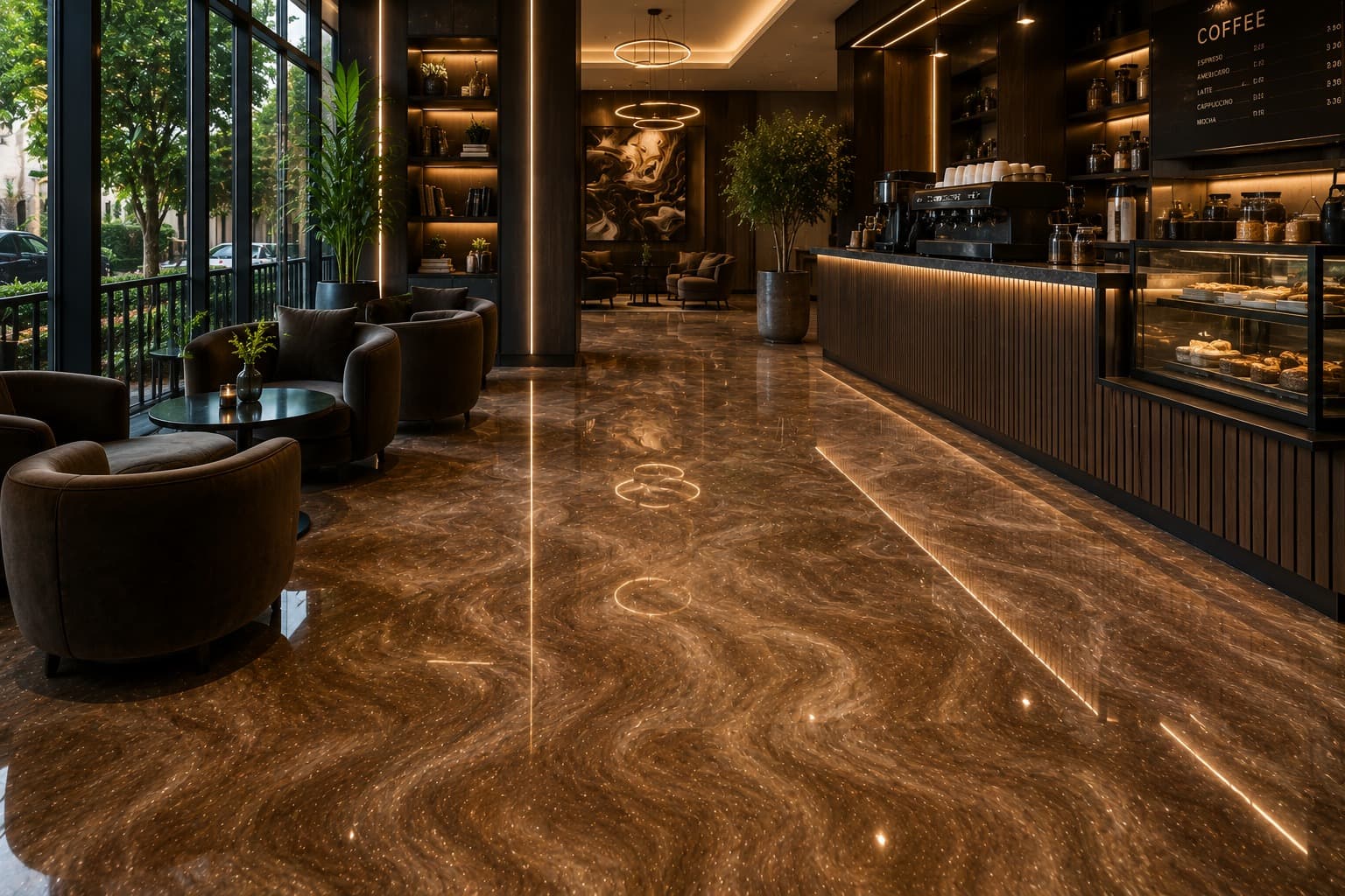Bronze and copper metallic epoxy floor running through a café seating area to the counter