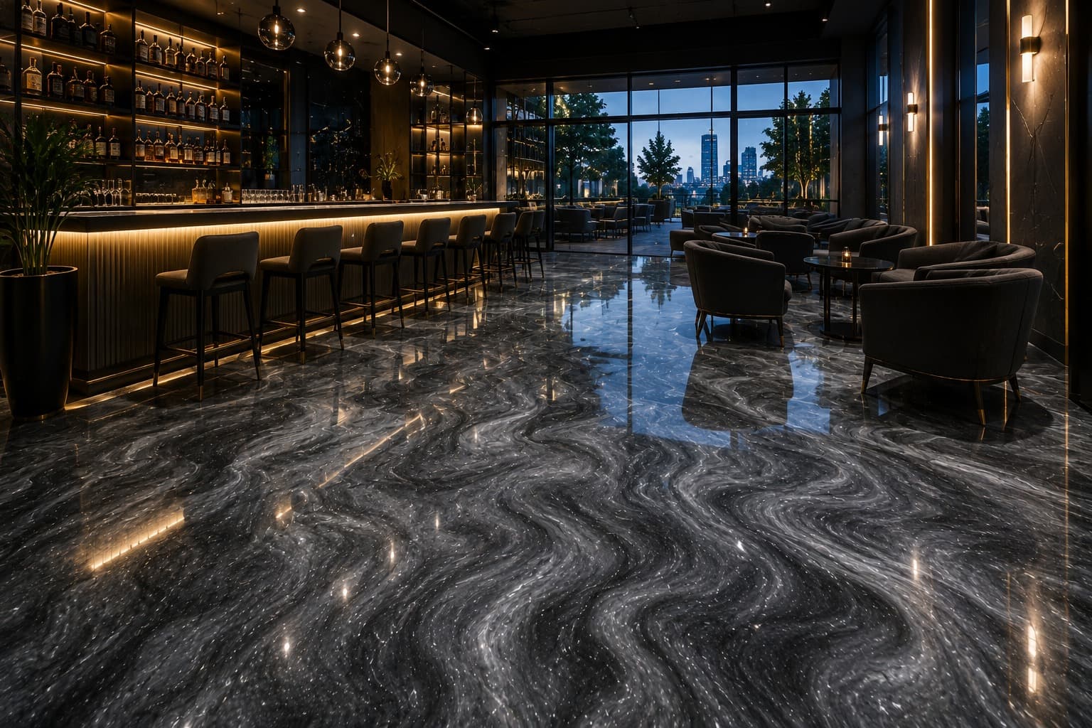 Black and silver metallic epoxy floor in a cocktail bar, mirroring the backlit bottle shelves