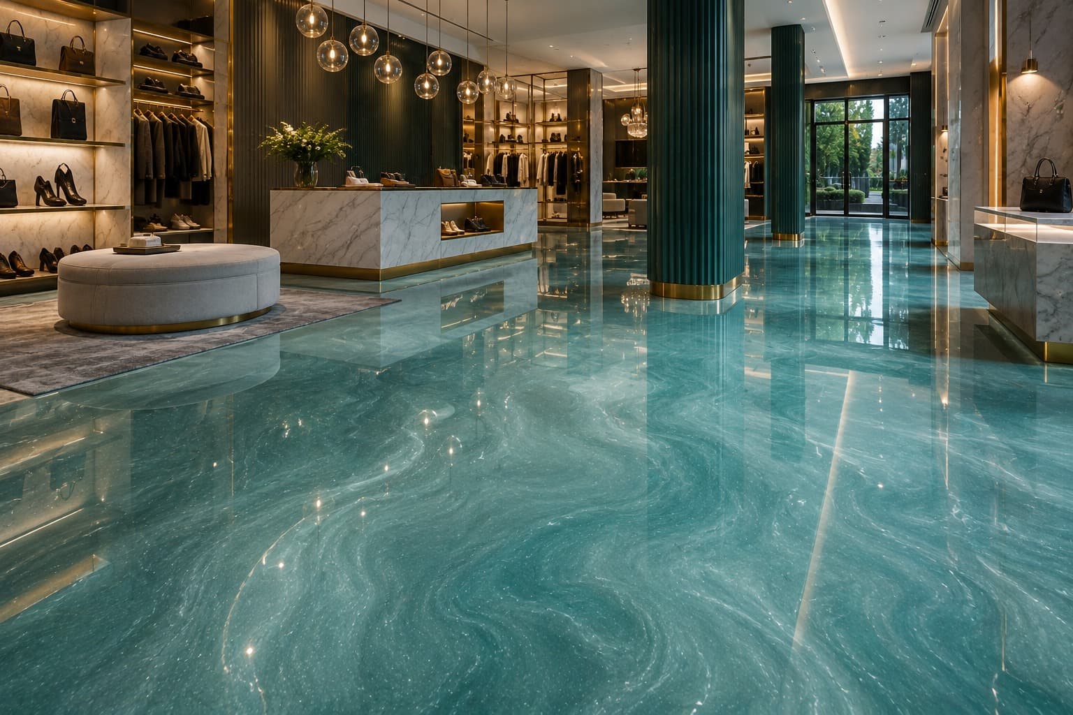 Teal metallic epoxy floor in a fashion boutique, poured seamlessly around the marble counters