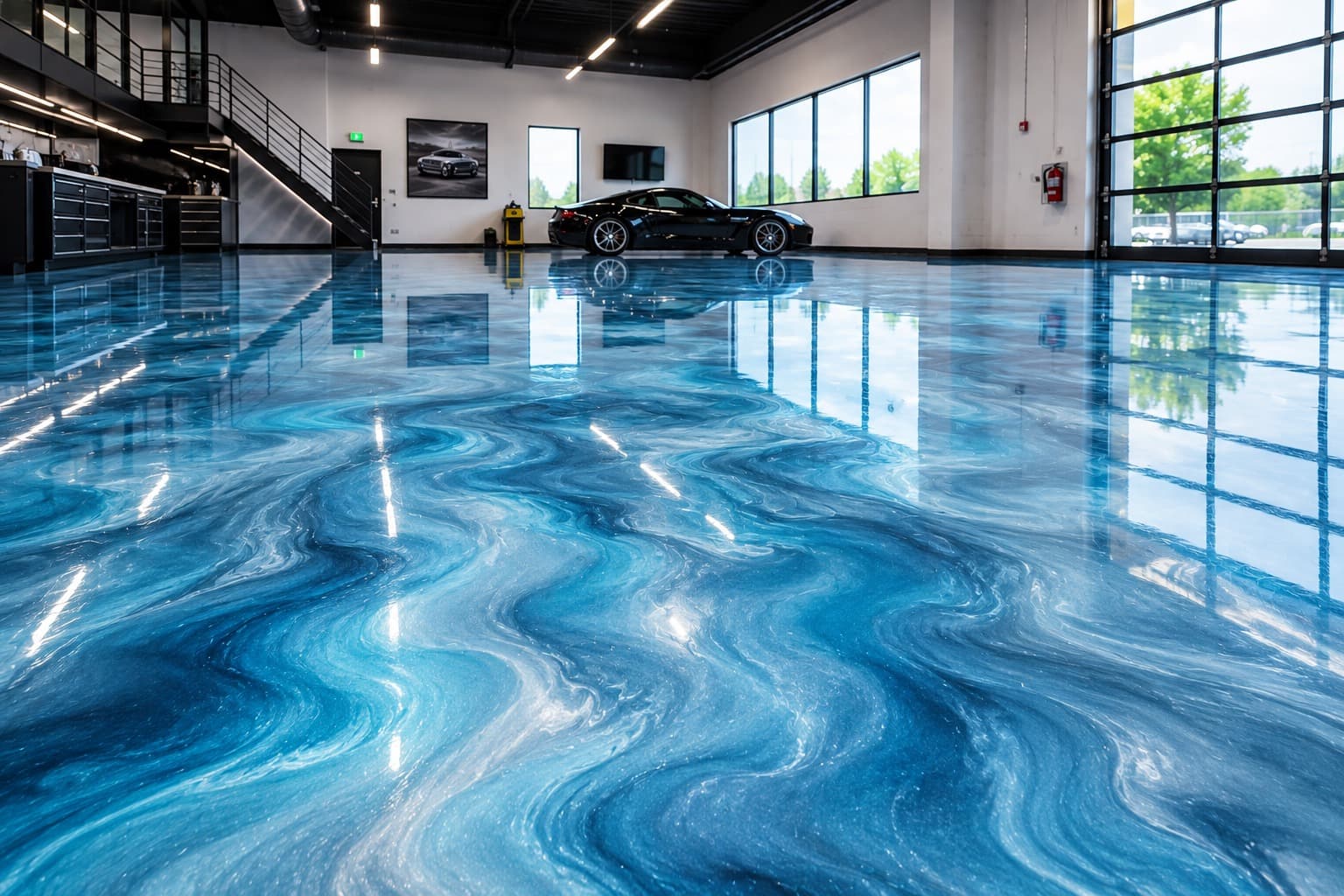 Blue and white metallic epoxy floor in a car showroom, wave patterns running the length of the bay